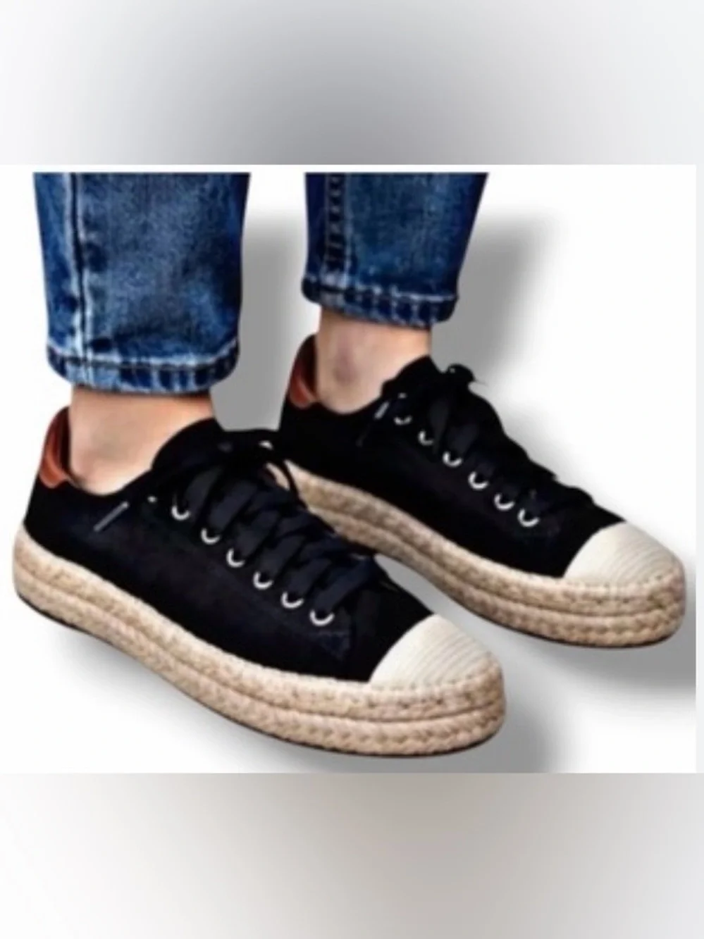 Paolo Black Espadrille Platform Sneakers with Cream Toe and Tan Heel Size 8.5
